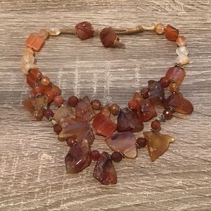 Orange Carnelian Free Form Stones Beaded Bib Statement Necklace 16" Long